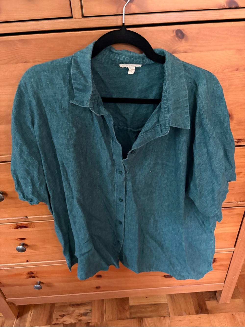 Eileen Fisher Teal Button-Down Linen-Blend Short Sleeve Shirt